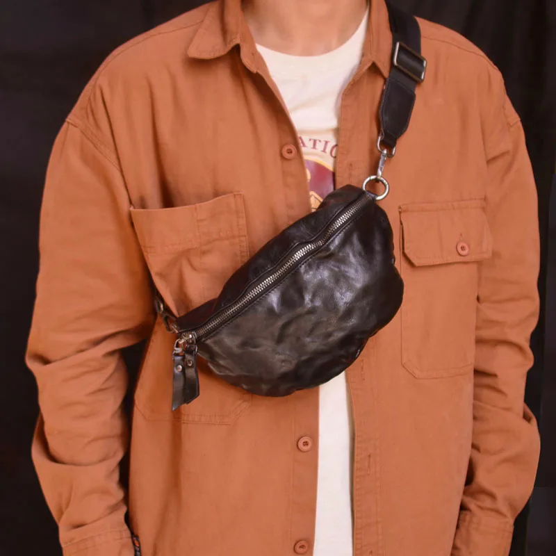 AETOO Мужская кожаная плиссированная поясная сумка через плечо, портативная винтажная сумка ручной работы из воловьей кожи, верхний слой как для мужчин, так и для женщин Изображение 0