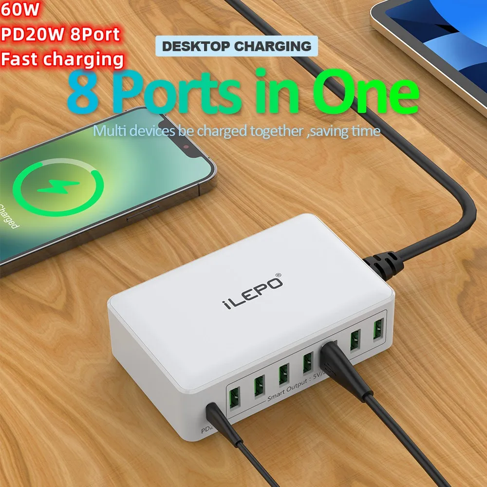 ILEPO 8 Портов USB Быстрое Зарядное устройство PD20W USB C Зарядное устройство для iPhone 14 13 12 11 Pro Max mini SE Samsung HUAWEI Xiaomi для iPad Air Изображение 0