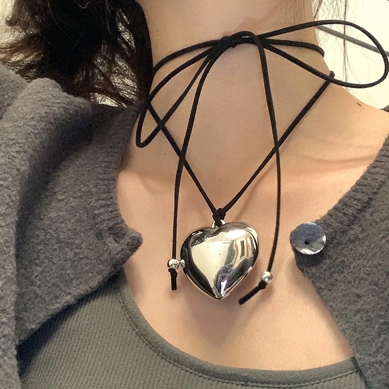 Ailodo Корейское ожерелье с подвеской в виде Большого Сердца Для женщин, Черный Цвет, Регулируемая Длинная Цепочка, Свадебное ожерелье, Модные украшения, подарок Изображение 0