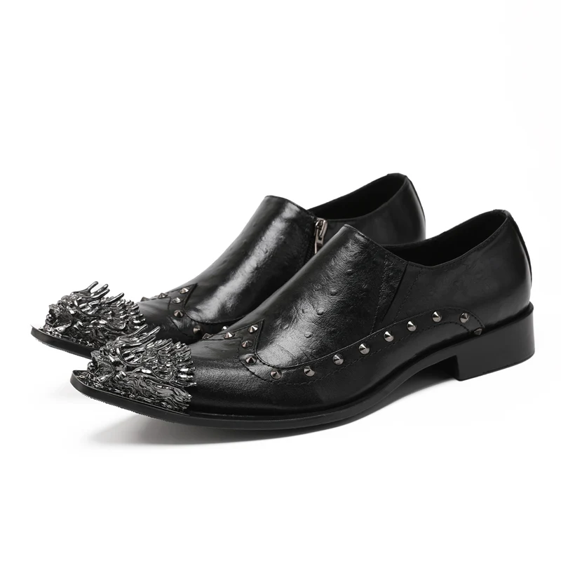 Оптовая продажа, Черные Деловые туфли ручной работы со стальным носком и заклепками, Мужская обувь без Застежки, Высокие Модельные туфли из натуральной кожи, Размер 47 Изображение 0
