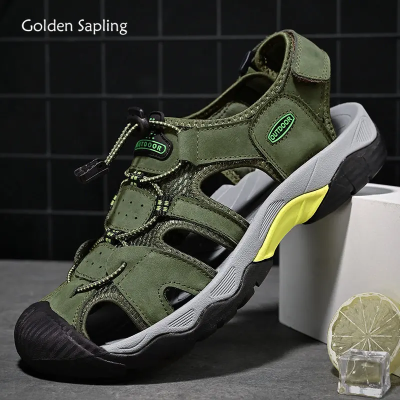 Тактическая обувь Golden Sapling, Летние мужские Сандалии на плоской подошве из натуральной кожи, модные мужские уличные Сандалии в стиле ретро для отдыха, Армейская зеленая обувь Изображение 0