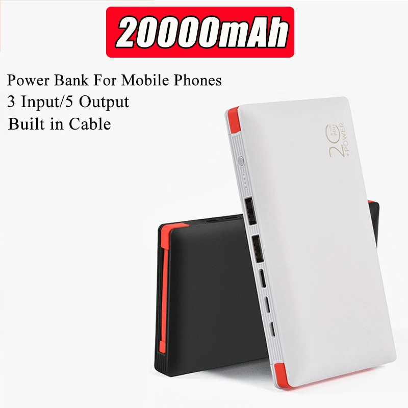 Портативный блок питания емкостью 20000 мАч, встроенный кабель, внешнее зарядное устройство, быстрая зарядка, Powerbank для iPhone Samsung Xiaomi 9 Huawei Изображение 1