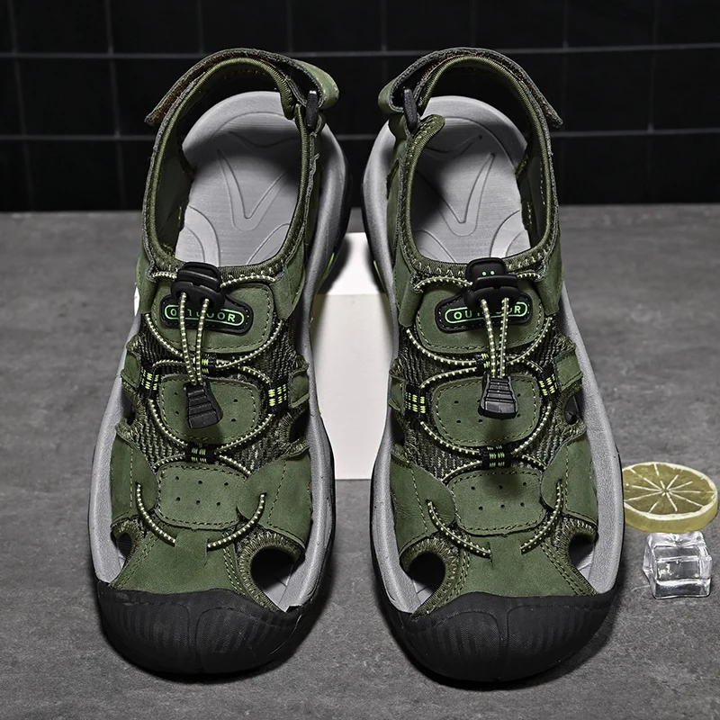 Тактическая обувь Golden Sapling, Летние мужские Сандалии на плоской подошве из натуральной кожи, модные мужские уличные Сандалии в стиле ретро для отдыха, Армейская зеленая обувь Изображение 1