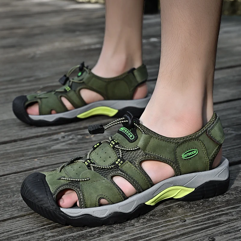 Тактическая обувь Golden Sapling, Летние мужские Сандалии на плоской подошве из натуральной кожи, модные мужские уличные Сандалии в стиле ретро для отдыха, Армейская зеленая обувь Изображение 2