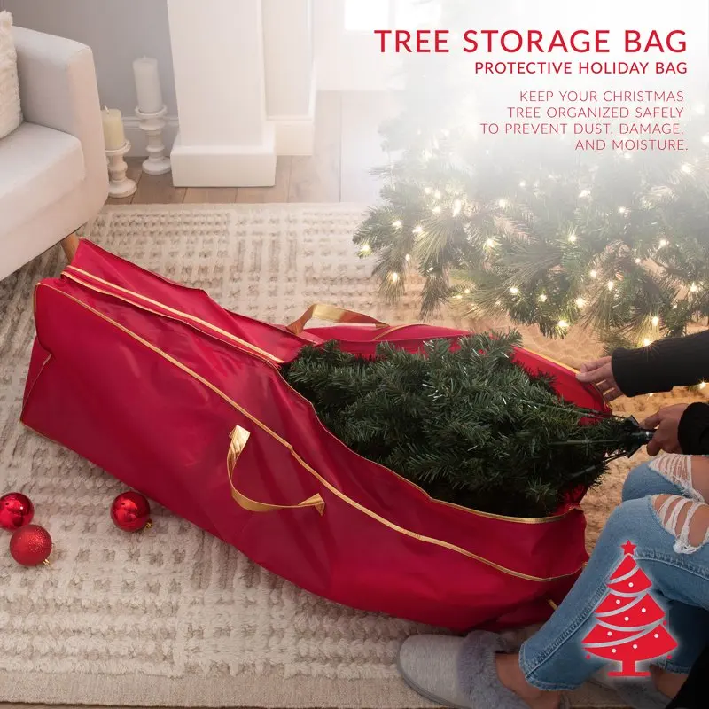 Ткань, прочная, надежная, простая в использовании. Прочная, безопасная, простая в использовании сумка для хранения рождественской елки из красного нетканого материала длиной до 6 футов Изображение 3