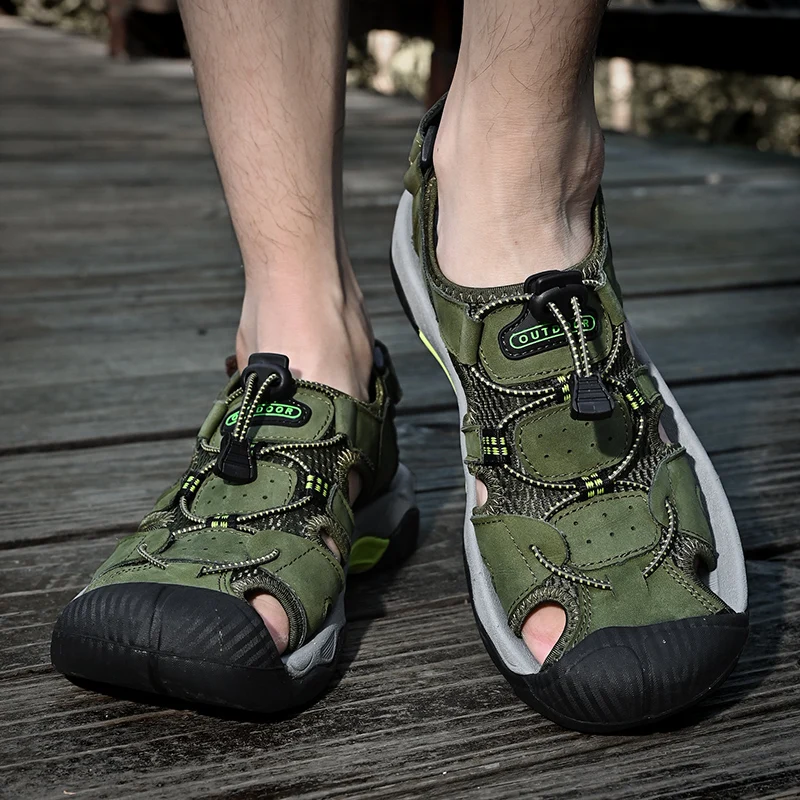 Тактическая обувь Golden Sapling, Летние мужские Сандалии на плоской подошве из натуральной кожи, модные мужские уличные Сандалии в стиле ретро для отдыха, Армейская зеленая обувь Изображение 3